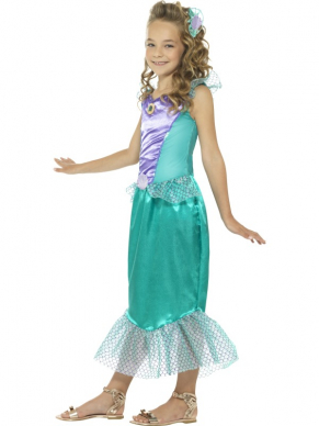 Een beeldig Deluxe Mermaid Kostuum voor een echte zeemeermin liefhebber.Het kostuum bestaat uit een groene jurk met haarclip.