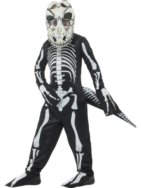 Hoe gaaf is dit Deluxe T-Rex Skeleton Kostuum voor de Boys?! Het kostuum bestaat uit een zwarte/witte Bodysuit met staart en masker met lensvormige 3D ogen.