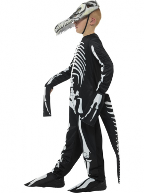 Hoe gaaf is dit Deluxe T-Rex Skeleton Kostuum voor de Boys?! Het kostuum bestaat uit een zwarte/witte Bodysuit met staart en masker met lensvormige 3D ogen.