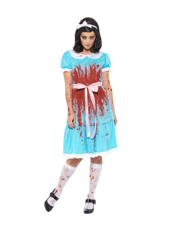 Ga samen met je zus of vriendin voor deze Bloody Murderous Twin Kostuum naar een Halloween Party. Dit kostuum bestaat uit een blauwe jurk met bloedvlekken, bijpassende sokken en een haarband. Kijk hier voor een bijpassende pruik.