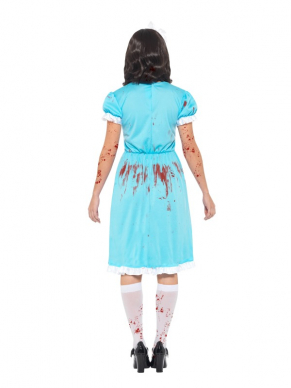 Ga samen met je zus of vriendin voor deze Bloody Murderous Twin Kostuum naar een Halloween Party. Dit kostuum bestaat uit een blauwe jurk met bloedvlekken, bijpassende sokken en een haarband. Kijk hier voor een bijpassende pruik.