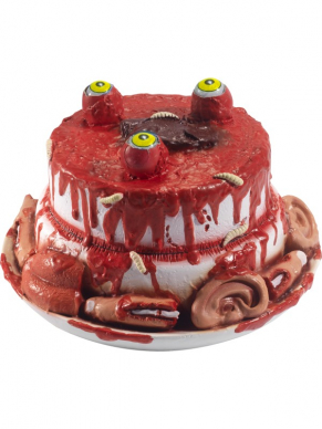 De toon is gezet met deze Latex Gory Gourmet Zombie Cake Prop op tafel tijdens een Halloween Party, de taart is voorzien van oa bloedrige oren, afgehakte vingers en bewegende oogballen.
Afm: 25x25x14cm 