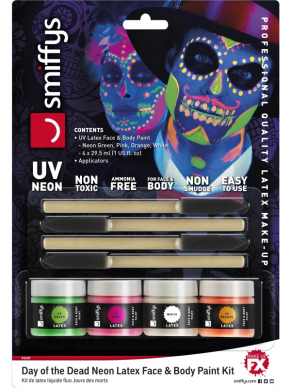 Creër de mooiste Day of the Dead look met deze Neon Day of the Dead Liquid Latex Kit. Deze kit bestaat uit 4 kleuren UV Make-Up en 4 sponsjes.Bekijk hier accessoires en kostuums in hetzelfde thema.
Inhoud: 4 x 29.57ml