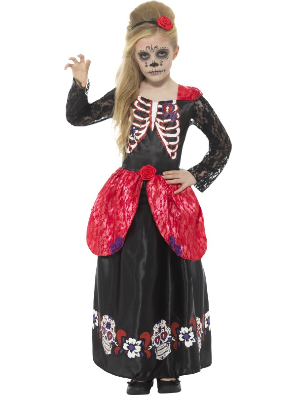 Deluxe Day of the Dead Girl Kostuum voor de meiden, bestaande uit een zwart/rode jurk en een bijpassende hoofdband. Leuk te combineren met de Jongens Day of the Dead kostuum voor Halloween.