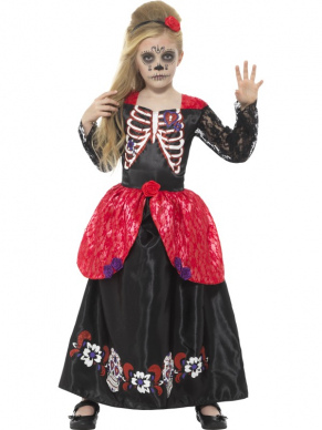 Deluxe Day of the Dead Girl Kostuum voor de meiden, bestaande uit een zwart/rode jurk en een bijpassende hoofdband. Leuk te combineren met de Jongens Day of the Dead kostuum voor Halloween.
