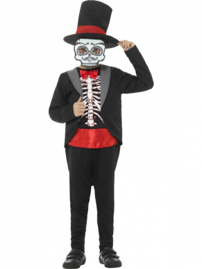 Day of the Dead Boy Kostuum voor de jongens. Dit kostuum bestaat uit een Jasje met Mock Shirt, broek, hoed en masker.Leuk te combineren met het meiden Day of the Dead kostuum tijdens Halloween.