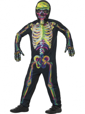 Met dit Multi Gekleurde Glow in the Dark Skeleton Kostuum sta jij gegarandeerd in de spotlights tijdens jouw Halloween Party.Dit kostuum bestaat uit een jumpsuit met masker en handschoenen.