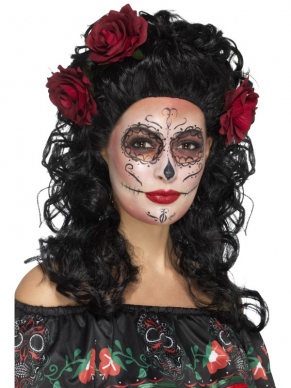 Zwarte Deluxe Day of the Dead Pruik met roosjes. Mooi te combineren met onze Day of the Dead Kostuums voor Halloween.