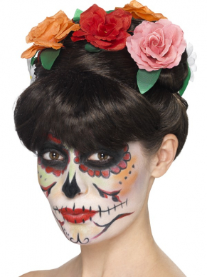 Zwarte Day of the Dead Frida Pruik met vlechten en bloemen. Combineer deze pruik met een van onze Day of the Dead Kostuums om de look compleet te maken.
