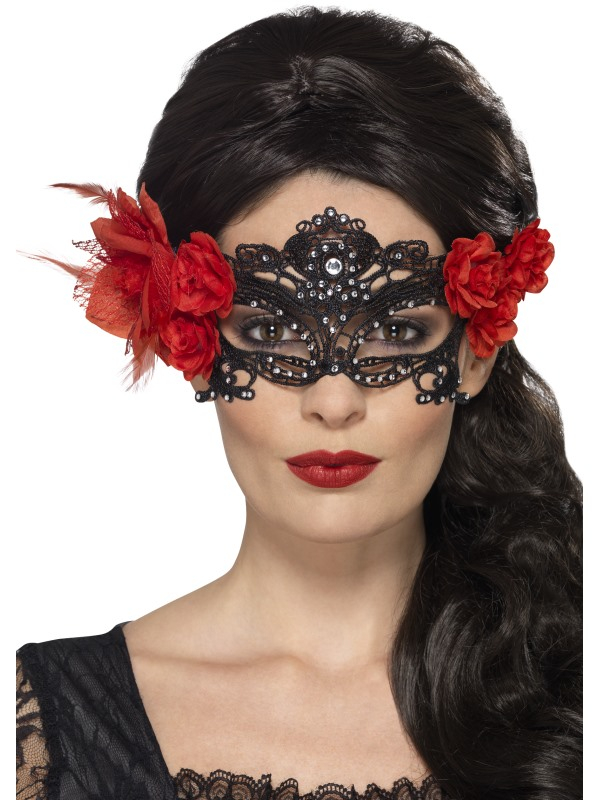 Maak jouw Day of the Dead Kostuum af met dit Zwarte Day of the Dead Lace Filigree Oogmasker versierd met rode roosjes.