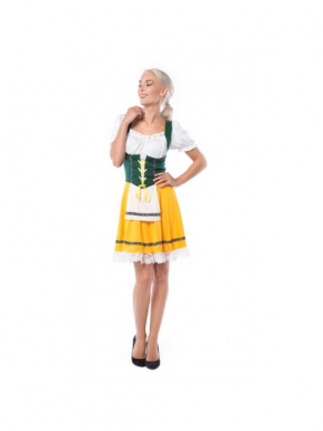 Schitter tijdens het grootste bierfeest van het jaar met deze geweldige Yellow Beer Girl Kostuum, bestaande uit een geel/groene jurk met witte top.Let op onderrok en kousen niet inbegrepen!