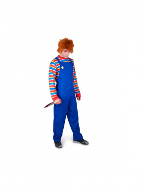 Jaag iedereen angst aan tijdens Halloween met dit Evil Puppet Kostuum. Dit kostuum bestaat uit een blauwe tuinpak met gestreept shirt.