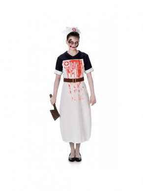 Impress the Halloween party met dit Zombie Nurse kostuum. Dit kostuum bestaat uit een jurk met bloedspatten op schort en een kapje.