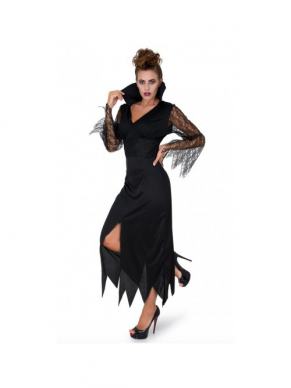 Altijd al die slechte tovenares willen zijn? Dat kan met dit Wicked Sorceress Kostuum een lange zwarte jurk met wijd uitlopende kanten mouwen. Kijk hier voor een bijpassende pruik.