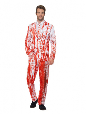 Geen gek kostuum tijdens Halloween maar toch een scary look? Ga dan voor dit Blood Drip Pak, bestaande uit een Rood/Wit jasje met broek en stropdas met all over bloedspatten.