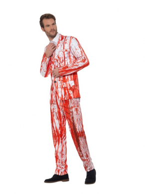 Geen gek kostuum tijdens Halloween maar toch een scary look? Ga dan voor dit Blood Drip Pak, bestaande uit een Rood/Wit jasje met broek en stropdas met all over bloedspatten.