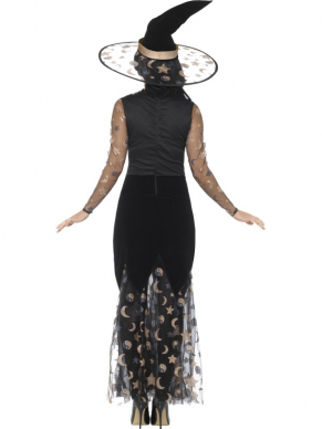 Deluxe Moon & Stars Heksen Kostuum, bestaande uit een  Black & Gold jurk met hoed.Combineer dit kostuum met de Deluxe Witch Pruik om te look af te maken.