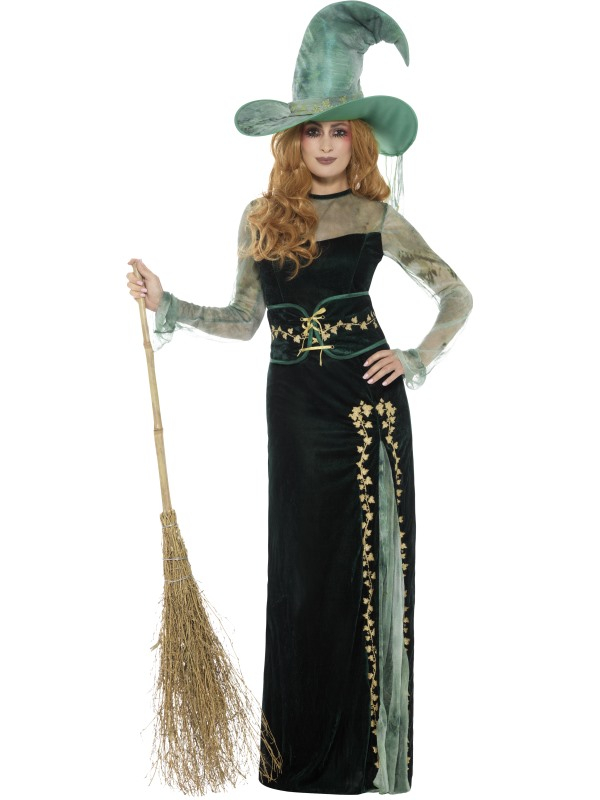 Prachtige Deluxe Emerald Heksen Kostuum, bestaande uit de jurk met riem en hoed. Maak de look compleet met een bijpassende pruik, panty en schmink