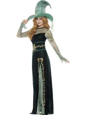 Prachtige Deluxe Emerald Heksen Kostuum, bestaande uit de jurk met riem en hoed. Maak de look compleet met een bijpassende pruik, panty en schmink