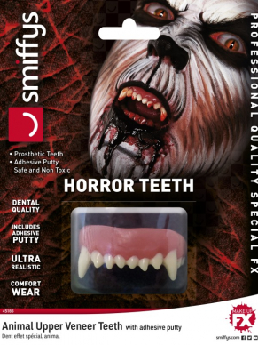 Maak jouw Horror look helemaal af met deze enge Horror Teeth, Animal, White, with Upper Veneer Teeth, Fixing Plastic.