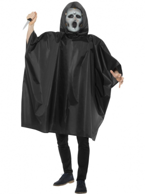 Het bekende Scream Kostuum van tv, bestaande uit een zwarte Poncho, Masker en mes.