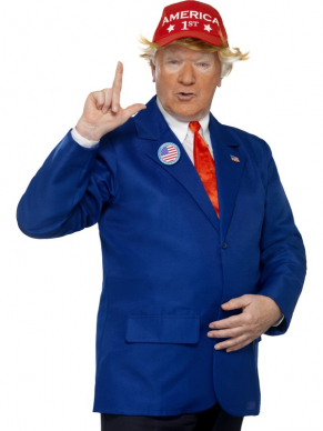 Geweldig President Kostuum, bestaande uit een blauw Jasje, stropdas, pet en button.Leuk te combineren met het President Masker. en President Pruik voor een complete look.