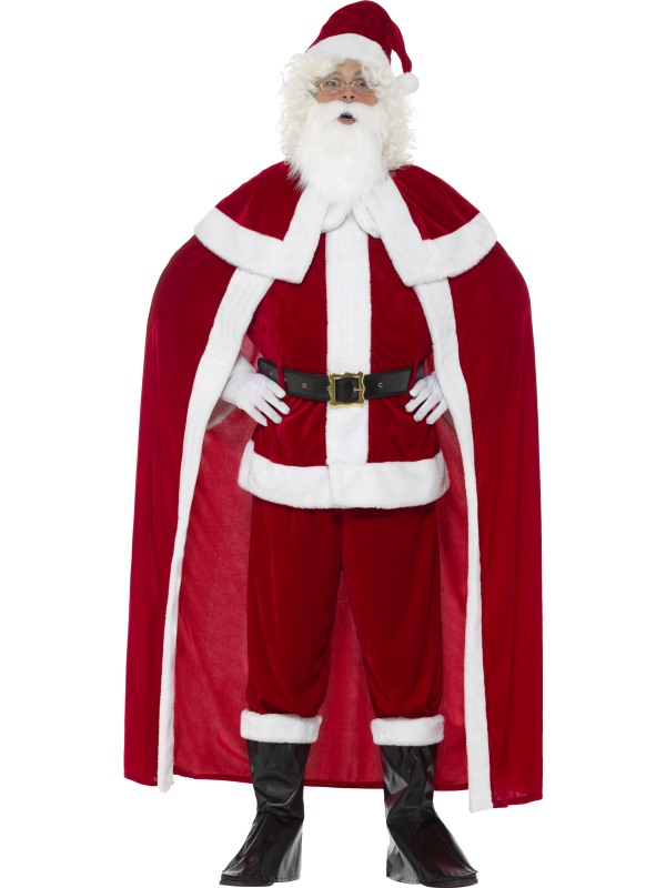 Deluxe Santa Claus Kostuum, bestaande uit een broek, jasje, cape, riem, bootcovers, handschoenen, baard en muts. Kortom met dit kostuum bent je in één klap klaar.