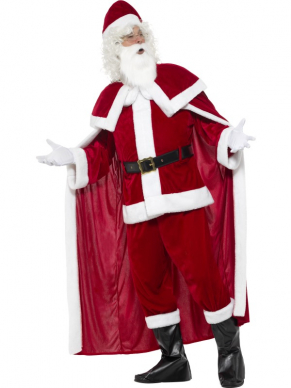 Deluxe Santa Claus Kostuum, bestaande uit een broek, jasje, cape, riem, bootcovers, handschoenen, baard en muts. Kortom met dit kostuum bent je in één klap klaar.