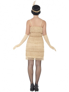 Flapper Dress in de kleur Gold, bestaande uit een kort jurkje met hoofdband en handschoenen. Leuk voor een 1920's feestje.Kijk hier voor bijpassende accessoires en pruiken.
