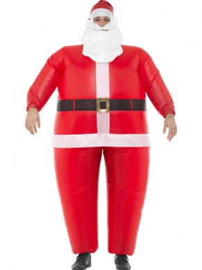 Inflatable Santa Kostuum, Dit kostuum bestaat uit een bodysuit, hoed,baard en een zelfopblaasbare ventilator.