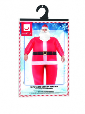 Inflatable Santa Kostuum, Dit kostuum bestaat uit een bodysuit, hoed,baard en een zelfopblaasbare ventilator.