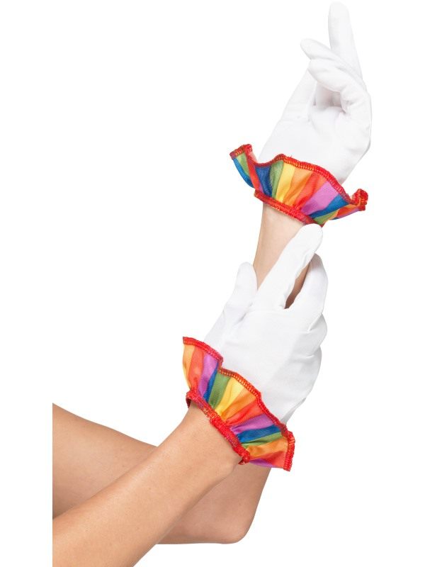 Leuke witte Clowns Handschoenen met regenboog ruches, kijk hier voor onze gehele Clownscollectie.