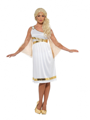 Een mooi Griekse Godin kostuum, bestaande uit een wit met gouden jurkje en bijpassende hoofdband.Bekijk hier onze gehele Griekse Collectie.