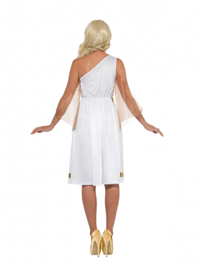 Een mooi Griekse Godin kostuum, bestaande uit een wit met gouden jurkje en bijpassende hoofdband.Bekijk hier onze gehele Griekse Collectie.