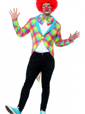 Gekleurde Clown Tailcoat, Multi-Coloured. Kijk hier voor bijpassende sokken, handschoenen, pruiken, schoenen en schmink om de complete Clowns Look te creeéren .