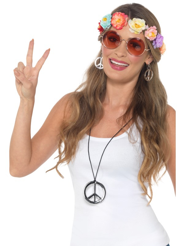  Hippie Festival Kit, bestaande uit een multi gekleurde bloemen hoofdband, zonnebril, Ketting en oorbellen.Bekijk hier onze Hippie kostuums.