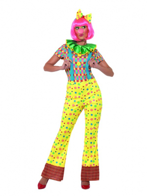 Giggles The Clown Lady Kostuum, bestaande uit een multi- Gekleurde Jumpsuit met Hoofdband en Kraag.