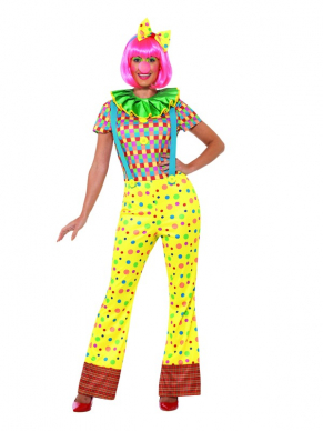Giggles The Clown Lady Kostuum, bestaande uit een multi- Gekleurde Jumpsuit met Hoofdband en Kraag.