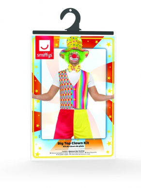 Big Top Clown Kit, bestaande uit een Multi-Gekleurde gilet met strik en hoed. Bekijk hier onze gehele Clownscollectie.
