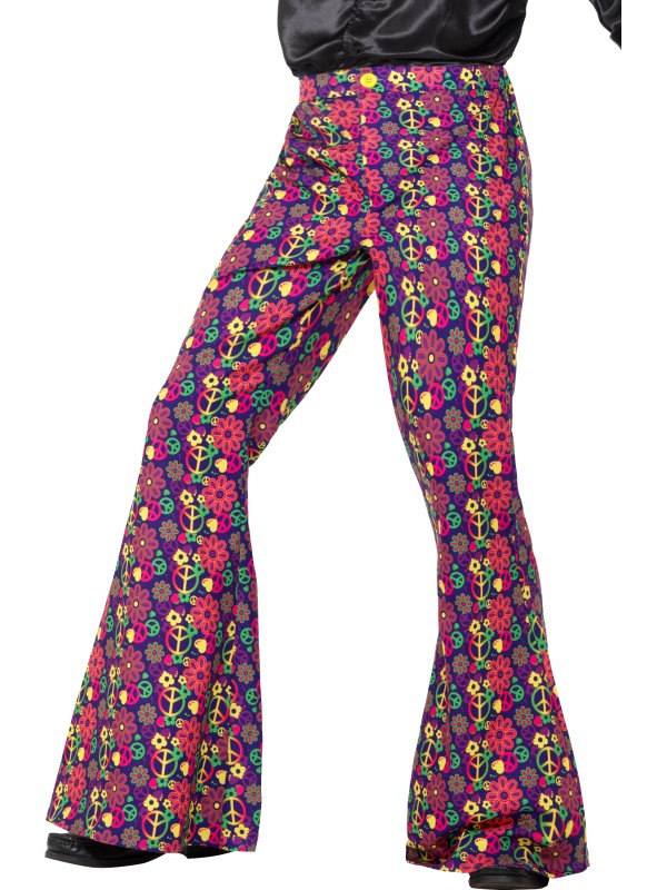 60s Psychedelic CND Flared Trousers voor heren. Ook voor dames hebben wij een bijpassend broek met dezelfde all-over print.Bekijk hier onze gehele Hippies collectie.