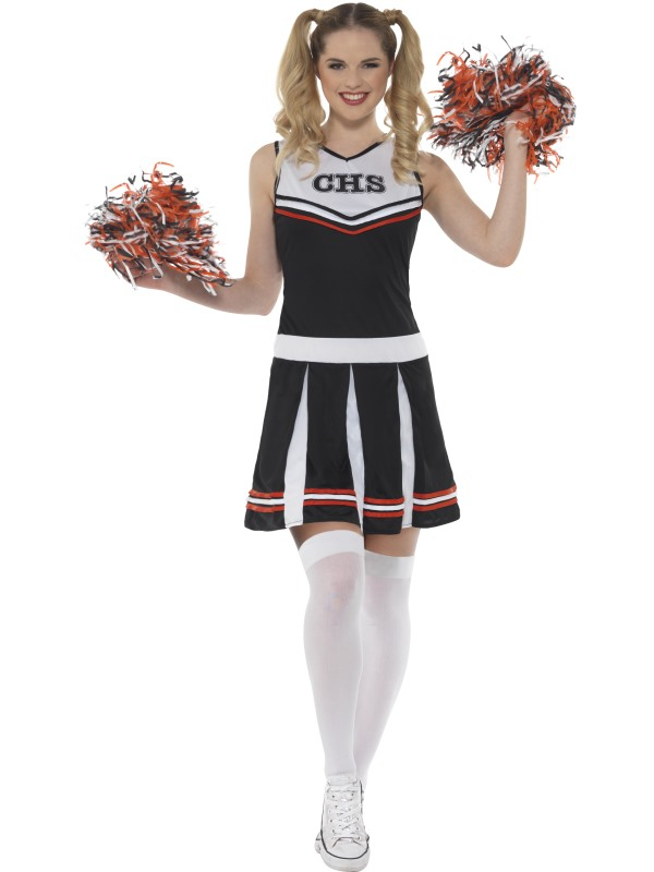 Cheerleader Kostuum, bestaande uit een zwart jurkje met pompoms.Leuk voor Carnaval of High School Party.