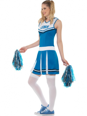 Cheerleader Kostuum, bestaande uit een blauw jurkje met pompoms.Leuk voor Carnaval of High School Party.