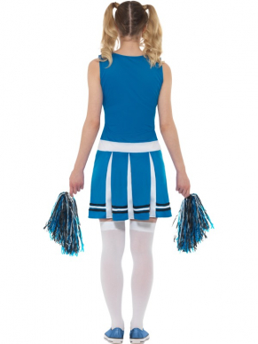 Cheerleader Kostuum, bestaande uit een blauw jurkje met pompoms.Leuk voor Carnaval of High School Party.