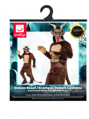 Deluxe Beast / Krampus Demon Kostuum, bestaande uit een langharig kostuum met gespierde borst, staart en handschoenen. Shop hier de bijpassende shoecovers en masker.