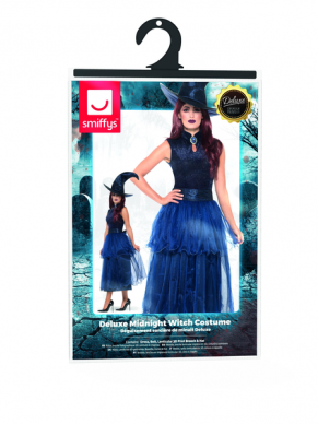 Steel de show met deze prachtige Deluxe Midnight Witch Kostuum, bestaande uit een blauwe jurk met riem, 3d broche en een hoed. Kijk hier voor een bijpassende pruik om het kostuum compleet te maken.