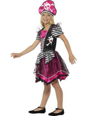 Steel de show met dit Perfect Pirate Girl Kostuum, dit kostuum bestaat uit een zwart met roze jurk en bijpassende Piraten hoed. Leuk voor Carnaval.