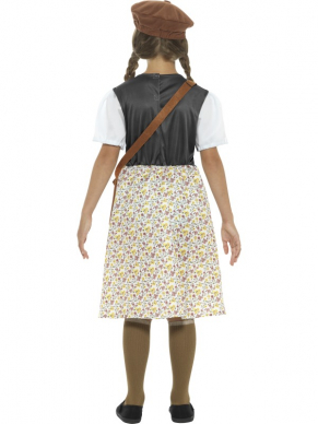 Evacuee School Girl Kostuum, bestaande uit een jurkje met hoed, tasje en een name-tag ketting. Leuk te combineren met de Evacuee School Boy Kostuum. 