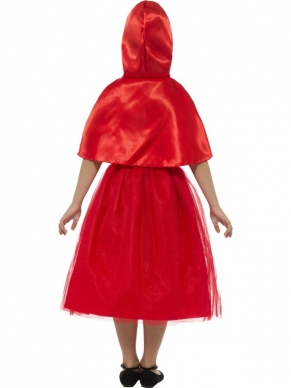 Deluxe Red Riding Hood Kostuum, bestaande uit een rood jurkje en capuchon. Leuk voor Carnaval. Bekijk hier al onze meiden kostuums.