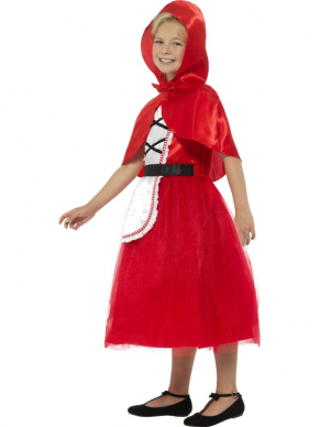 Deluxe Red Riding Hood Kostuum, bestaande uit een rood jurkje en capuchon. Leuk voor Carnaval. Bekijk hier al onze meiden kostuums.