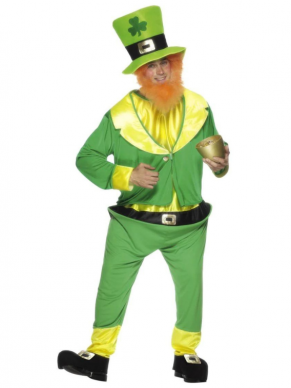 Leprechaun Kostuum, bestaande uit een groene jumpsuit met jasje hoed en baard. 
